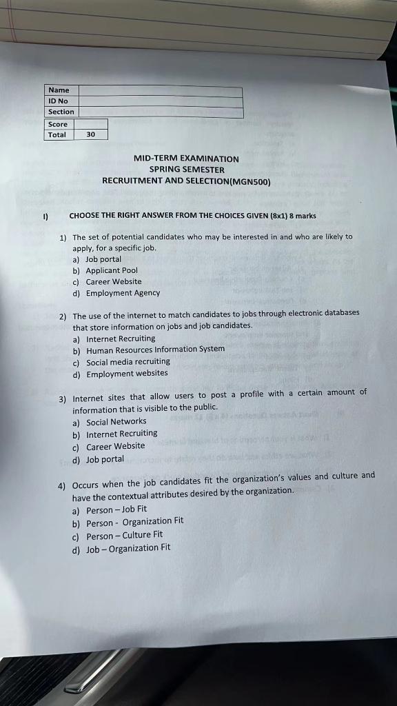 Name ID No Section Score Total 30 MID-TERM