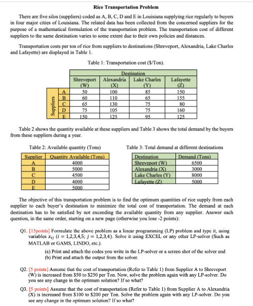 Rice Transportation Problem There are five silos
