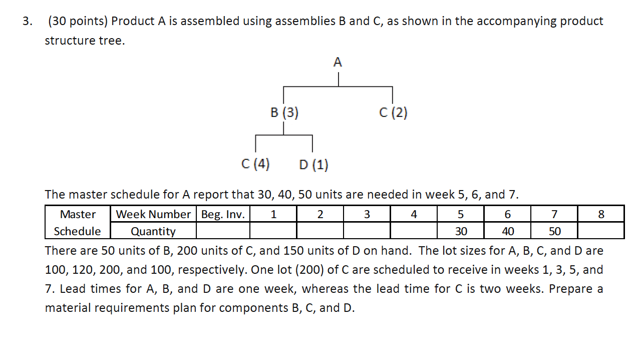 3. (30 points) Product A is assembled using