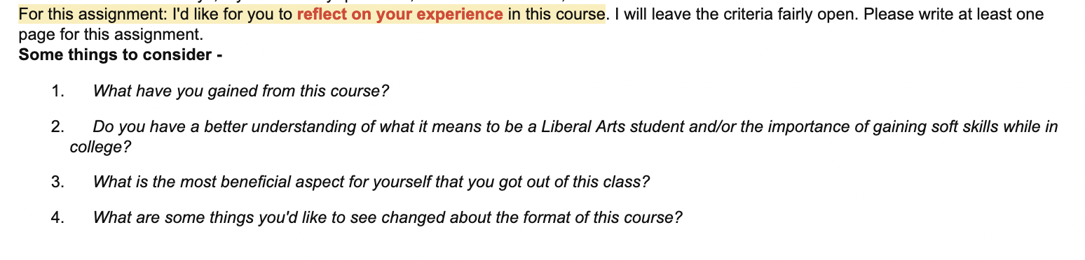 For this assignment: I'd like for you to reflect