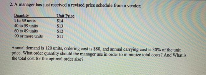 2. A manager has just received a revised price