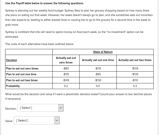 Use the Payoff table below to answer the