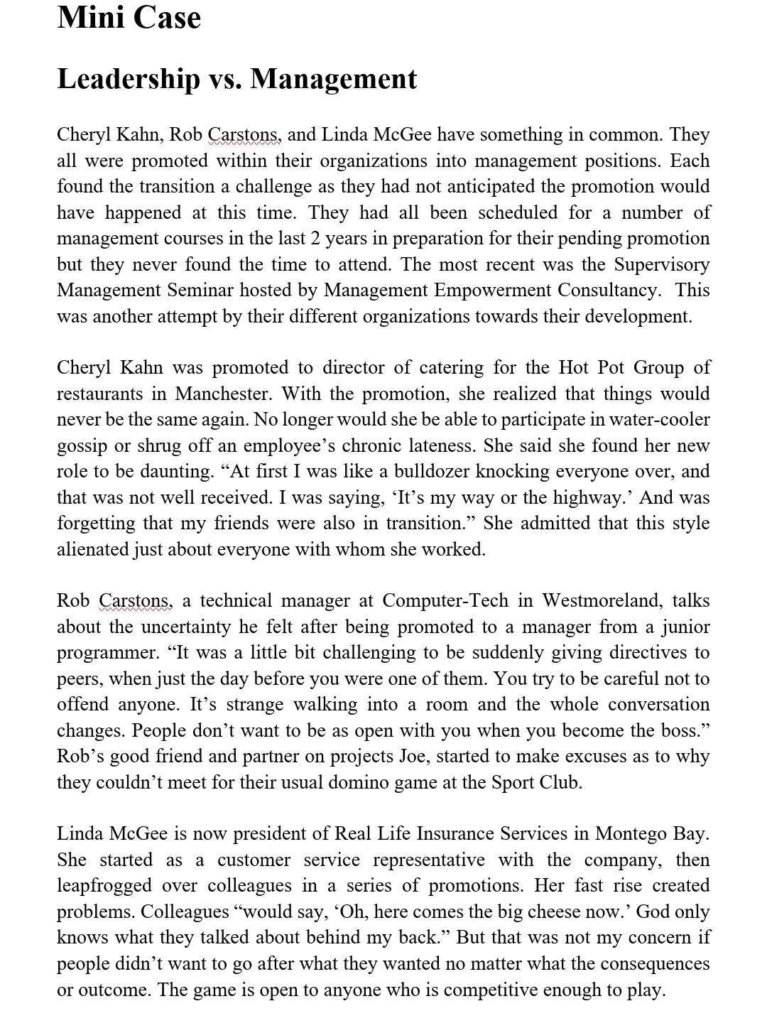 Mini Case Leadership vs. Management Cheryl Kahn,