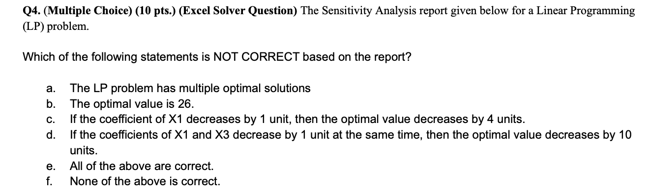 Q4. (Multiple Choice) (10 pts.) (Excel Solver