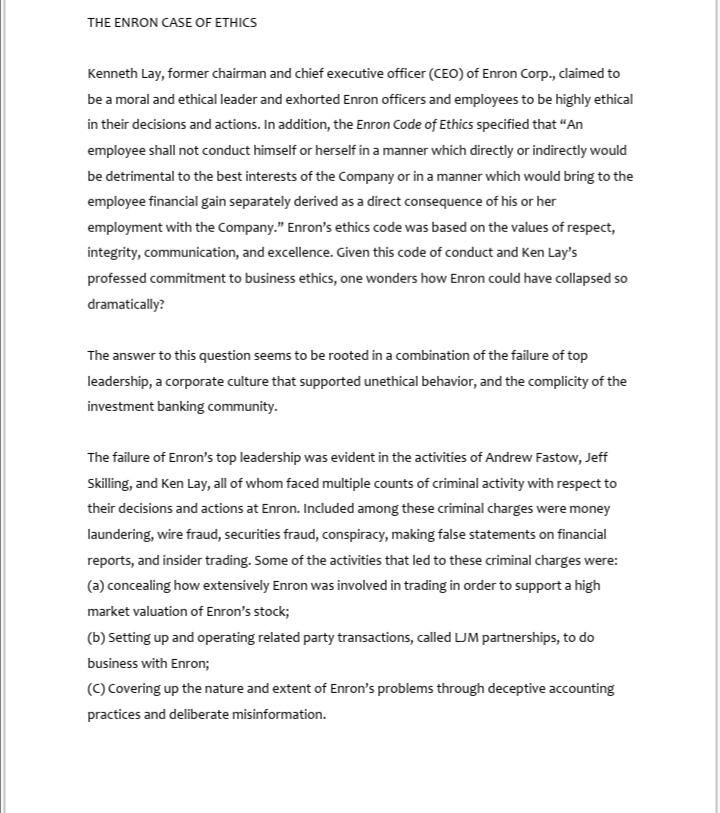 THE ENRON CASE OF ETHICS Kenneth Lay, former