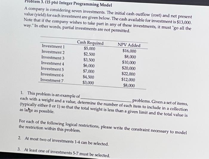 lem 3. (15 pts) Integer Programming Model A