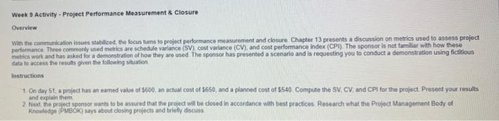 Week Activity - Project Performance Measurement &