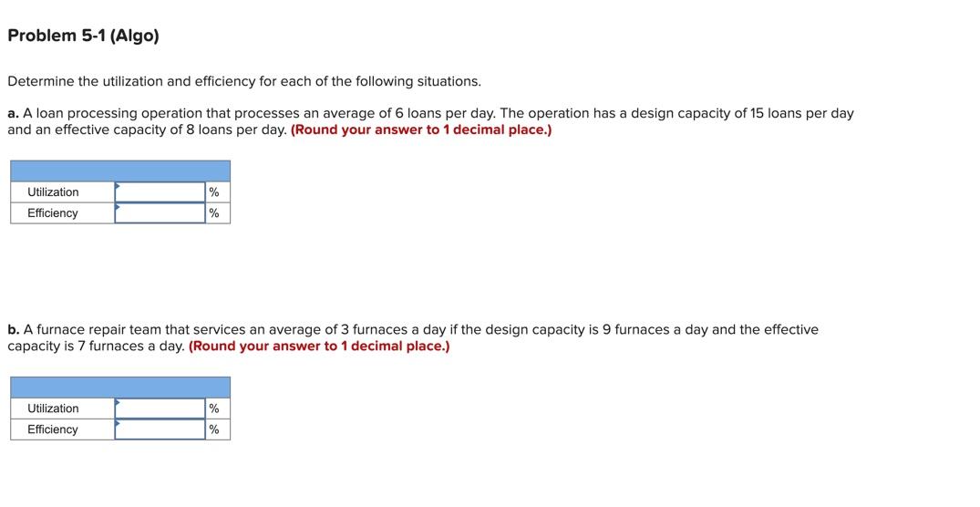 Determine the utilization and efficiency for each