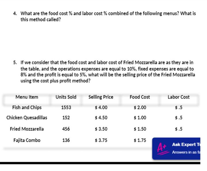 4. What are the food cost % and labor cost %