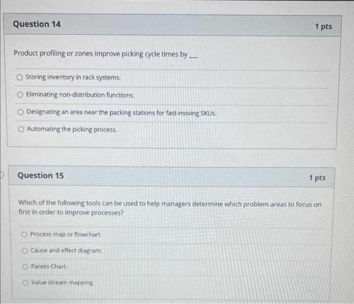 Question 14 1 pts Product profiling or zones