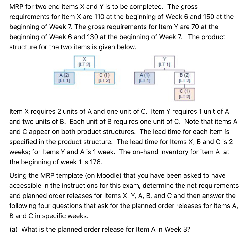 MRP for two end items X and Y is to be completed.