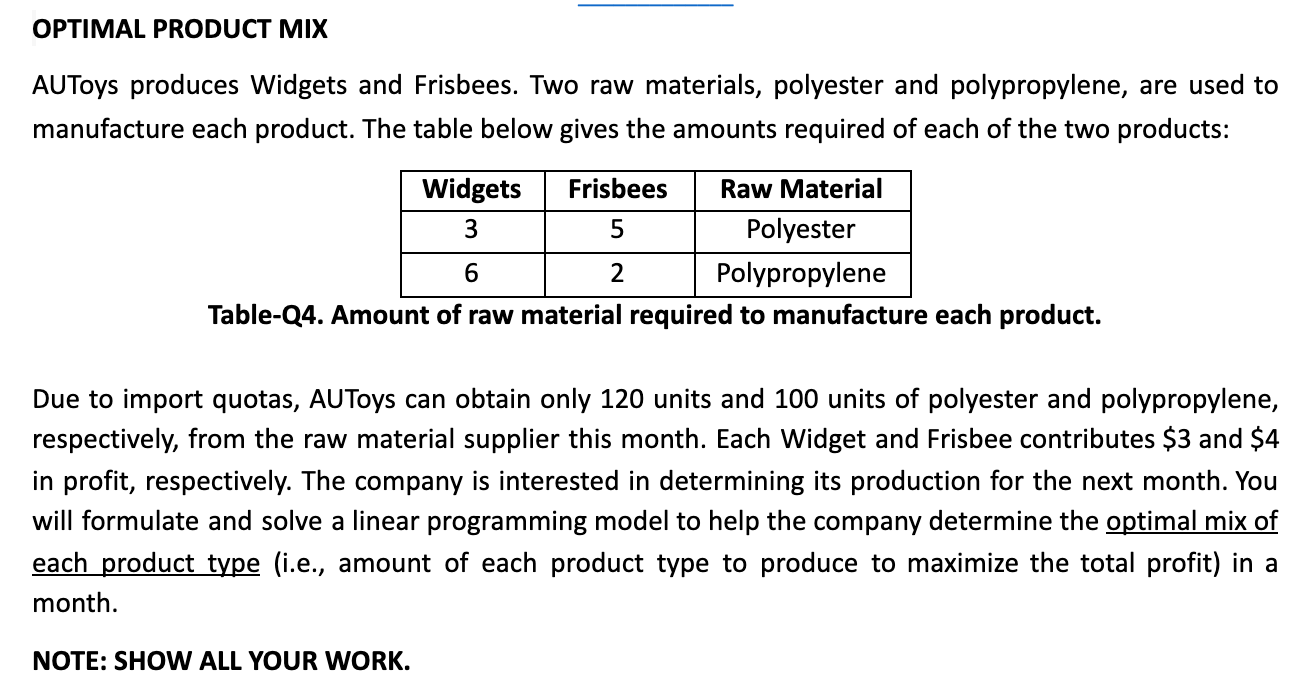 OPTIMAL PRODUCT MIX AUToys produces Widgets and