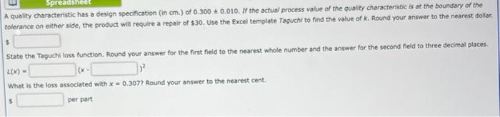 Spreadsheet A quality characteristic has a design