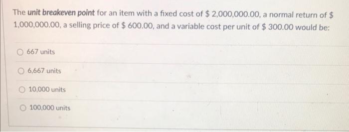 The unit breakeven point for an item with a fixed