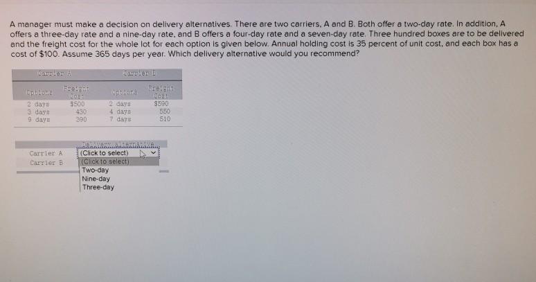 A manager must make a decision on delivery
