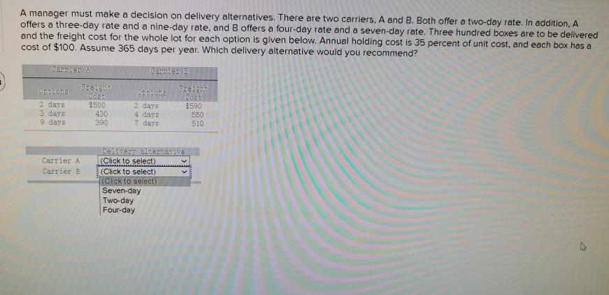 A manager must make a decision on delivery