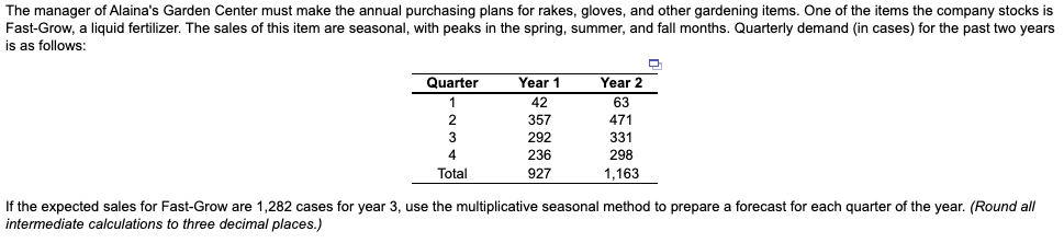 Solve: each quarter forecast, seasonal indices,