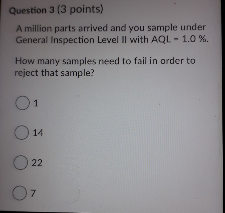 Question 3 (3 points) A million parts arrived and