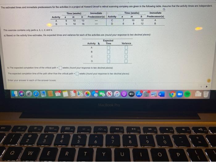 The estimated times and immediate predecessors