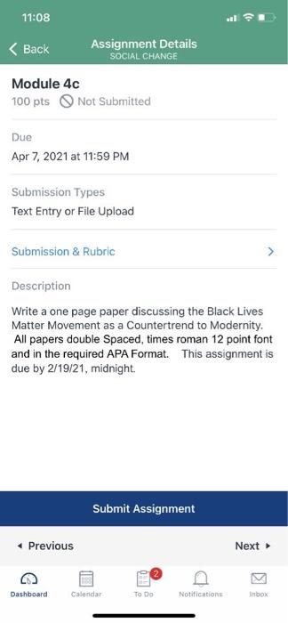 11:08 < Back Assignment Details SOCIAL CHANGE