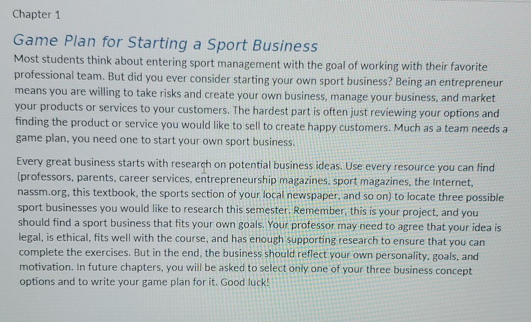 Chapter 3 Game Plan for Starting a Sport Business