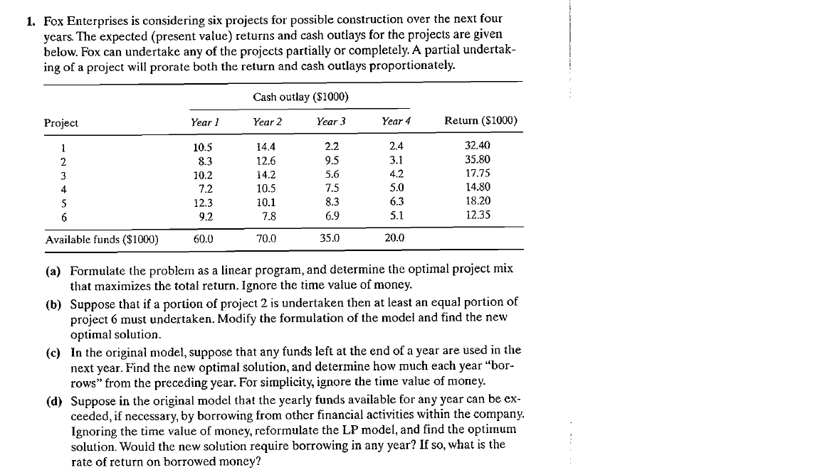 1. Fox Enterprises is considering six projects