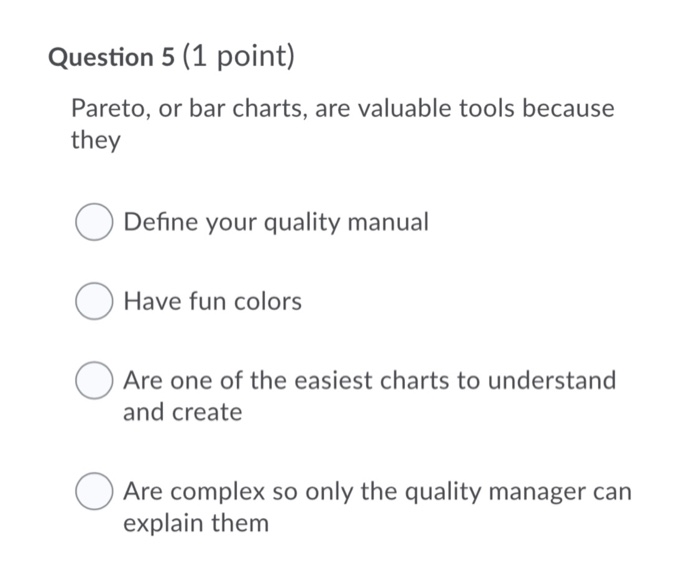 Question 5 (1 point) Pareto, or bar charts, are