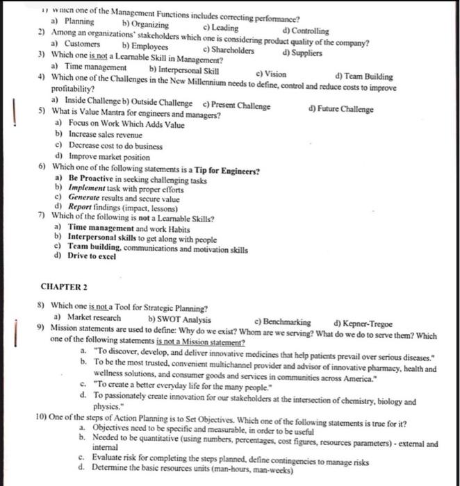 1) waen one of the Management Functions includes