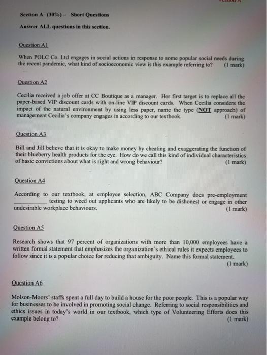 A1-A6 Section A (30%) - Short Questions Answer
