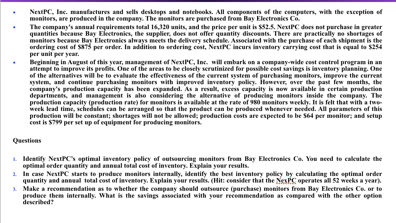 Please help show work on excel . NextPC, Inc.