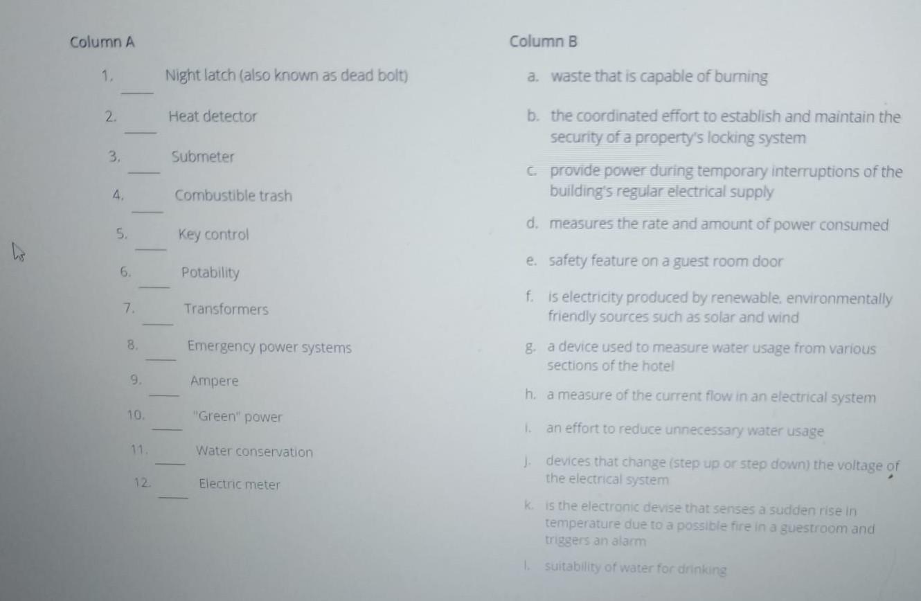 Column A Column B 1. Night latch (also known as
