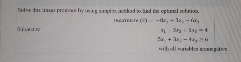 Solve this linear program by using simplex method