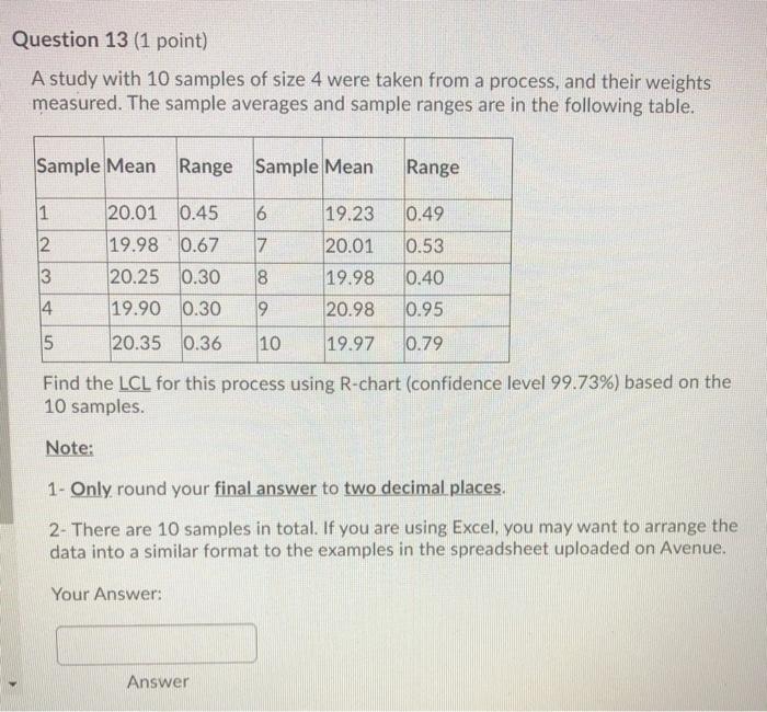 Question 13 (1 point) A study with 10 samples of