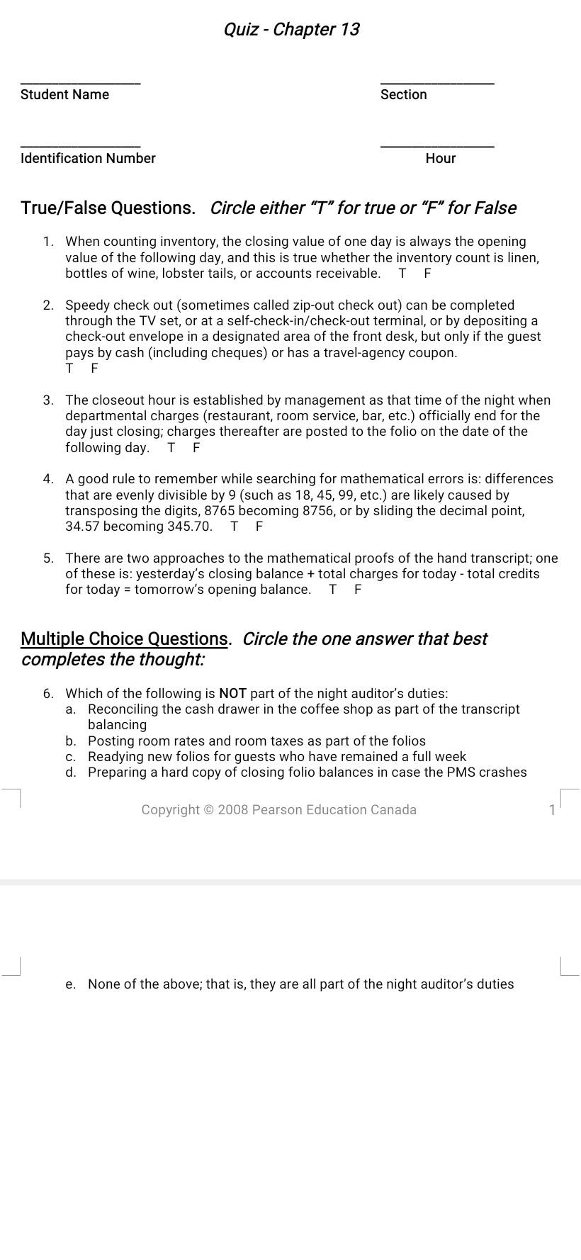 Quiz - Chapter 13 Student Name Section