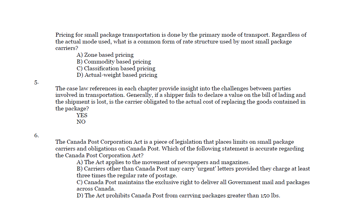 Pricing for small package transportation is done