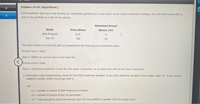 Problem 14-02 (Algorithmic) DJS Investment
