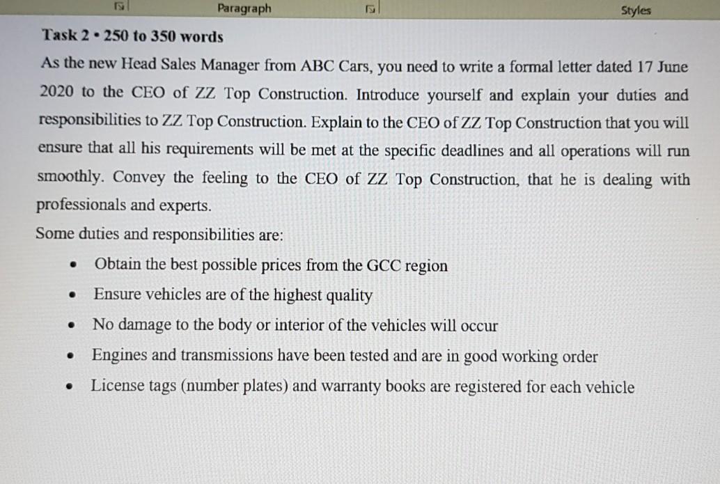 Paragraph Styles Task 2 250 to 350 words As the
