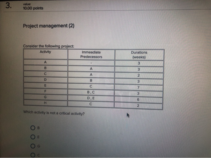 3. value: 10.00 points Project management (2)