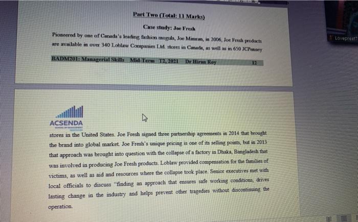 Part Two (Total: 11 Marks) Case study: Joe Fresh