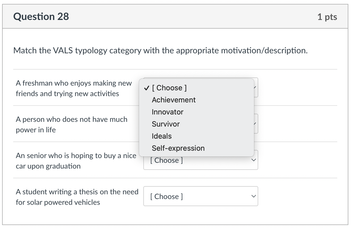 Marketing Match the VALS typology category with