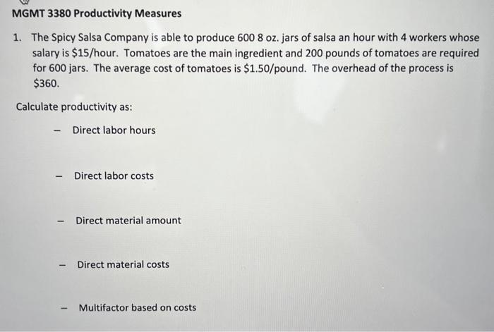 excel please help Productivity is a key metric