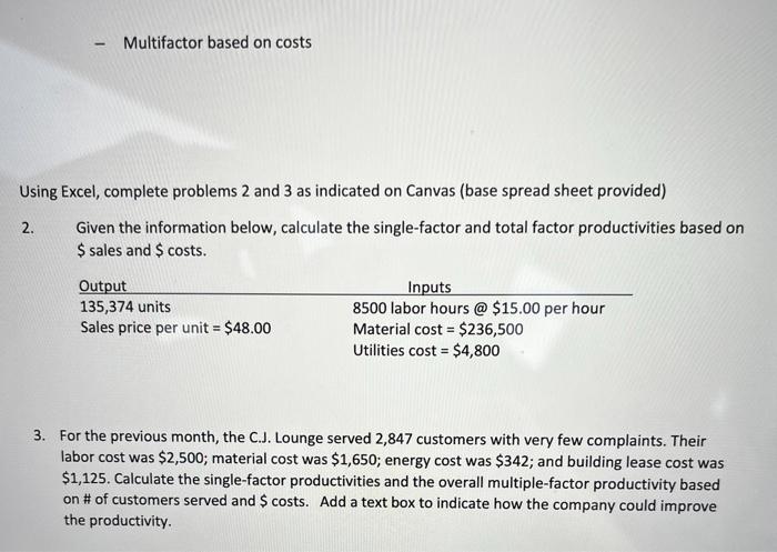 excel please help Productivity is a key metric