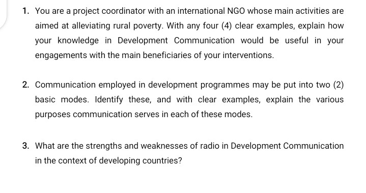 Development Communication 1. You are a project