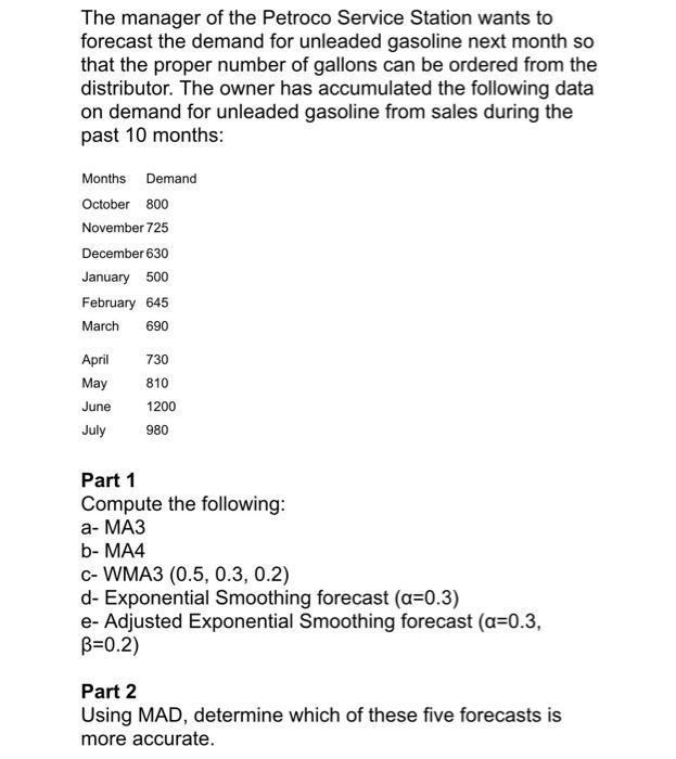 The manager of the Petroco Service Station wants