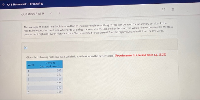 + Ch 8 Homework - Forecasting - / 1 < > Question