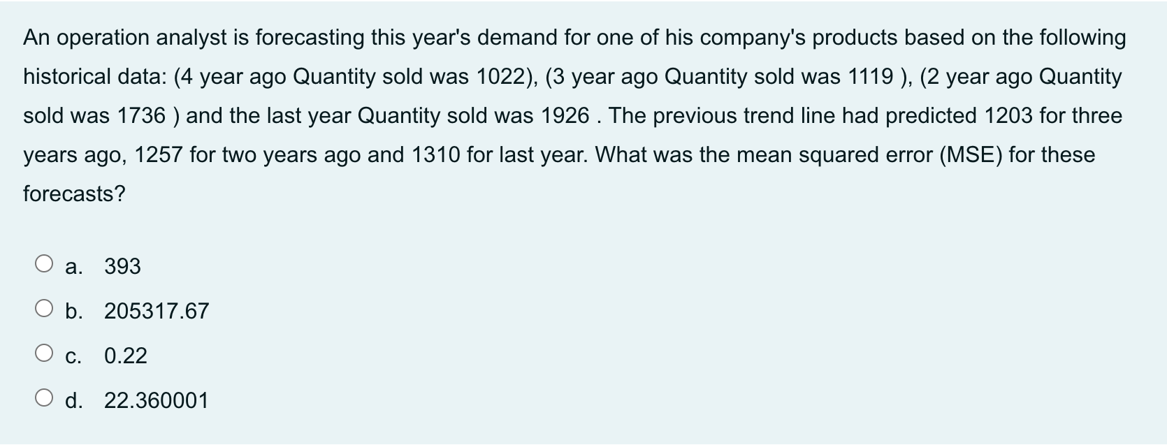 An operation analyst is forecasting this year's