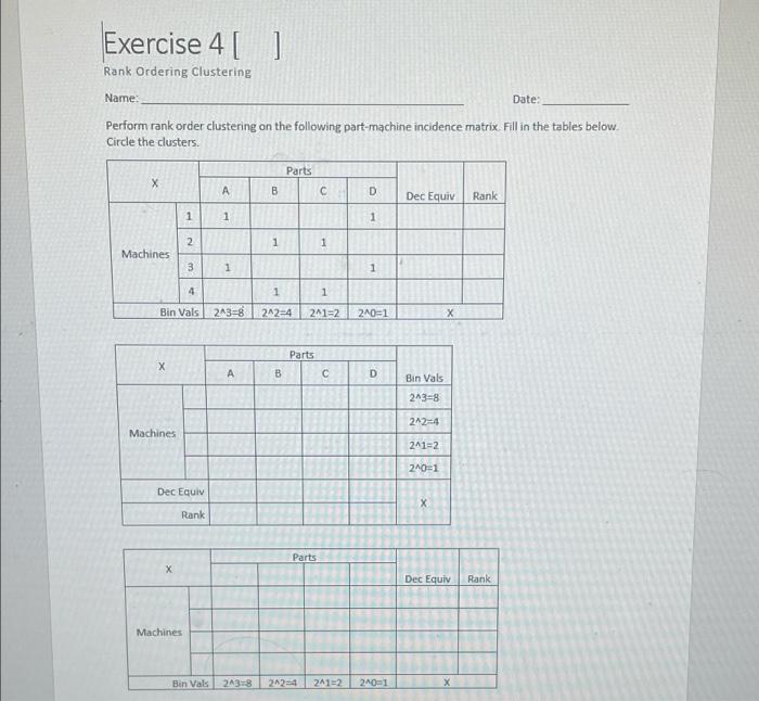 Exercise 4 [ ] Rank Ordering Clustering Name: