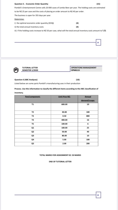 Question - Economic Order Quantity (15) Pombi's