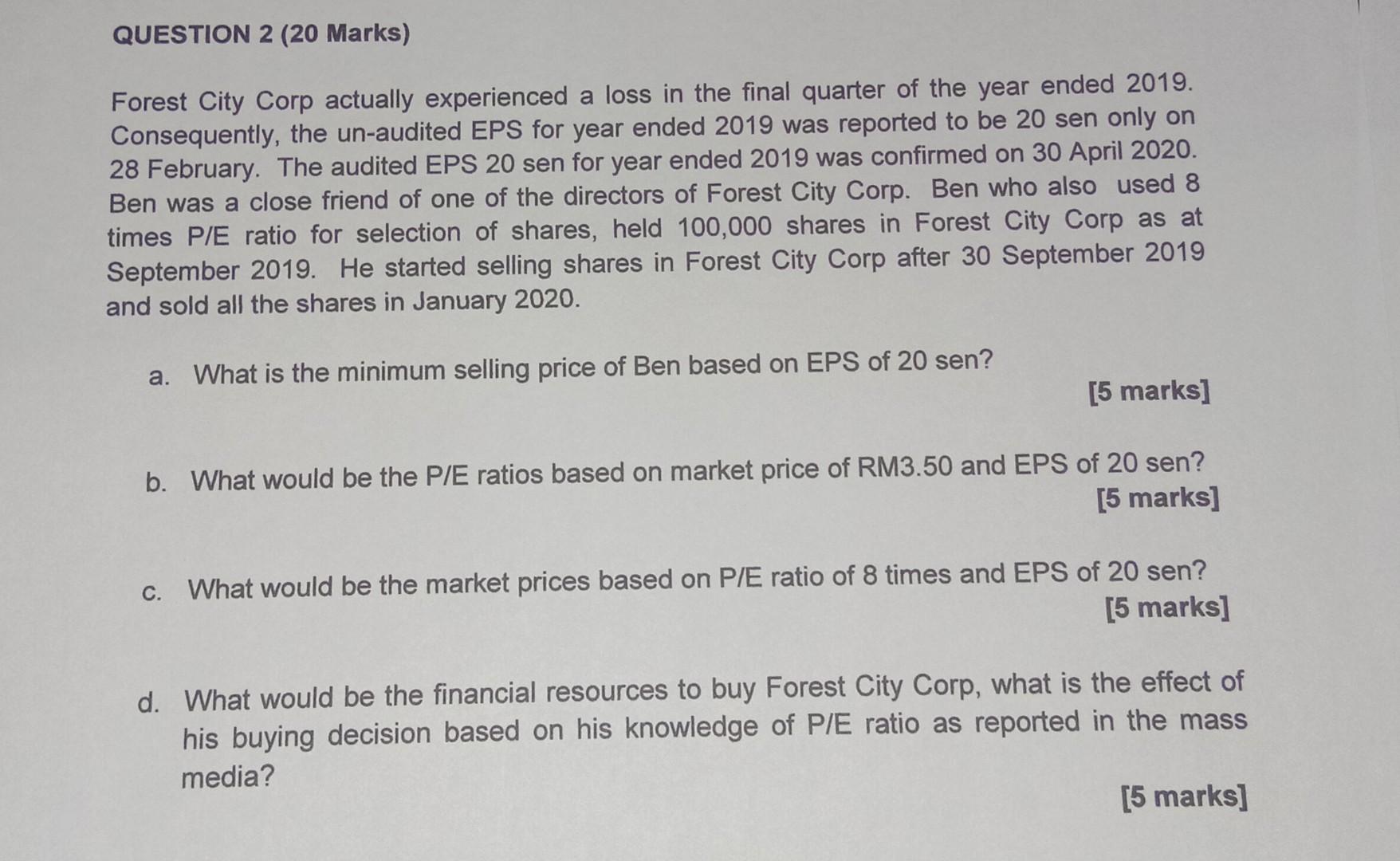 QUESTION 2 (20 Marks) Forest City Corp actually