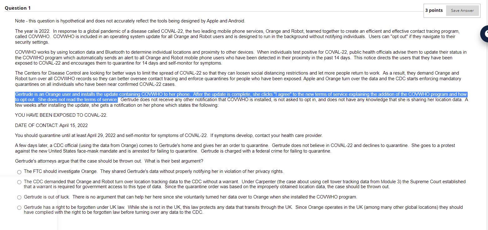 Question 1 3 points Save Answer Note - this